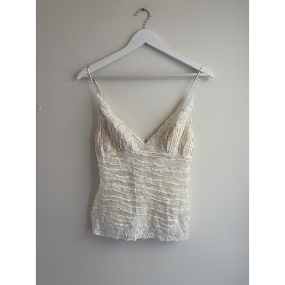 Ateleio %100 Silk Ivory Sequin Lace Ruffle Tiered Camisole Cami Tank Top Sz 4
